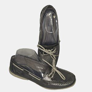 Sperry Womens sz 8 Metallic Silver Gray Top Sider Boat Shoes Slip On Lace Preppy